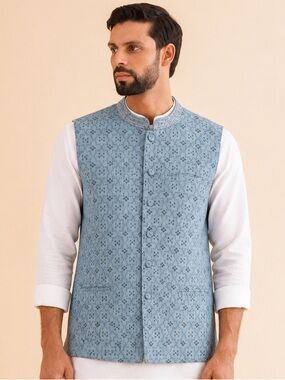 Jaypore Men Blue Geometric Print Sleeveless Artisan Button Front Vest XL Size 44